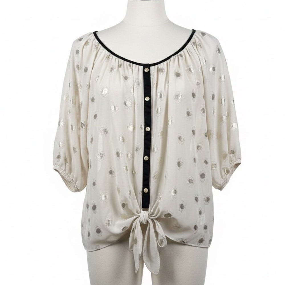 Loramendi Blouse L Gold Metallic Polka Dot‎ Peasant Tie Front Flowy Chic Top